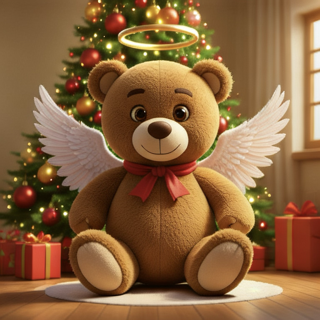 Teddy bear angel near a decorated Christmas tree and wrapped gifts