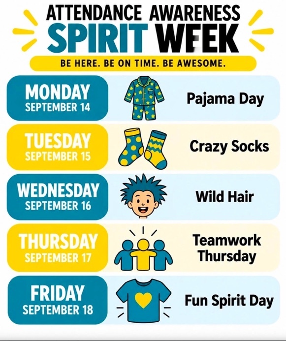 Attendance Awareness Spirit week flyer, with animated pictures featuring teal and yellow colors, Monday, pajama day. Tuesday, crazy socks day Wednesday, wild hair day. Thursday, teamwork Thursday. Friday spirit fun day. .