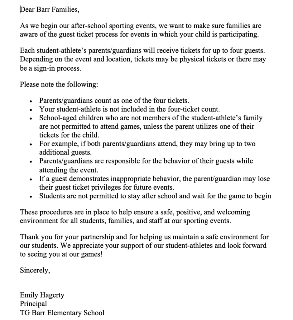 This is a letter sharing expectations for games held after school. All students need to be with an adult and are not permitted to stay after school
