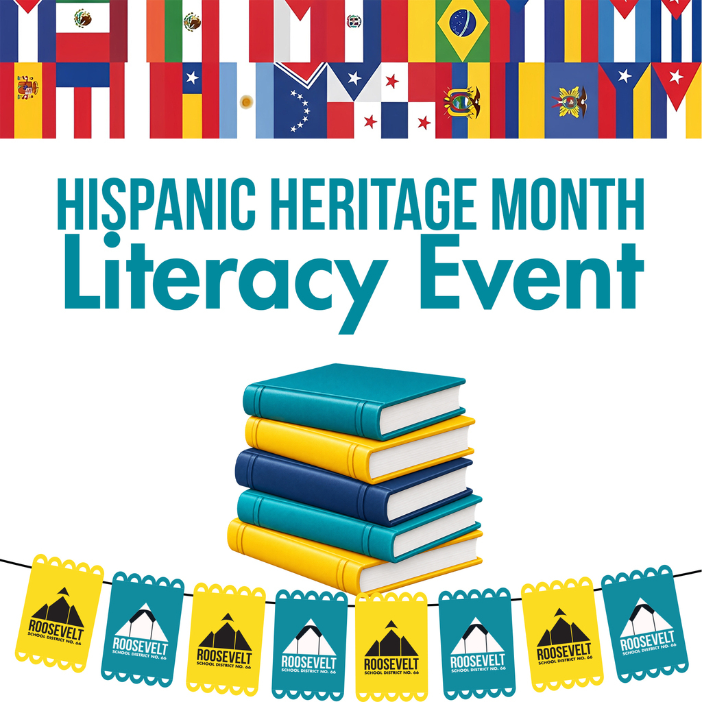 Square graphic with hispanic country flags at the top and a crate paper banner at the bottom. the Text Hispanic Heritage Month Literacy Event