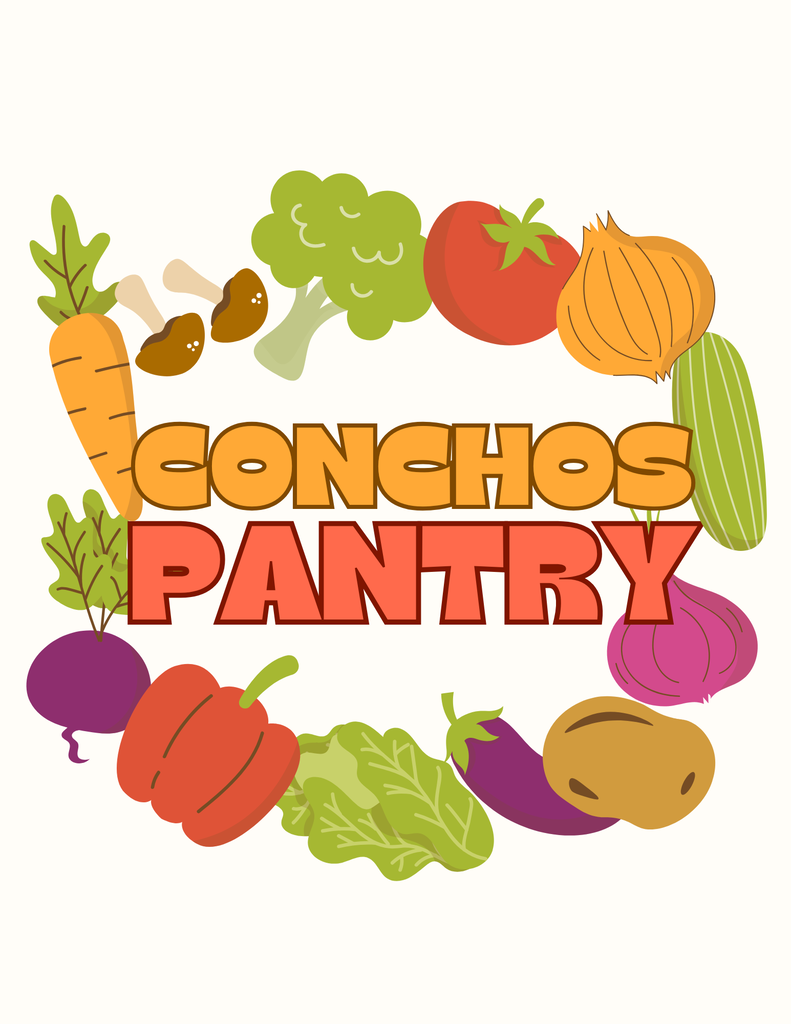 Fruit and vegetable wreath with the words Conchos Pantry in the middle