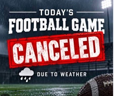sign of a rainy football field with a post about the game being cancelled due to the rain with a football in the bottom right corner