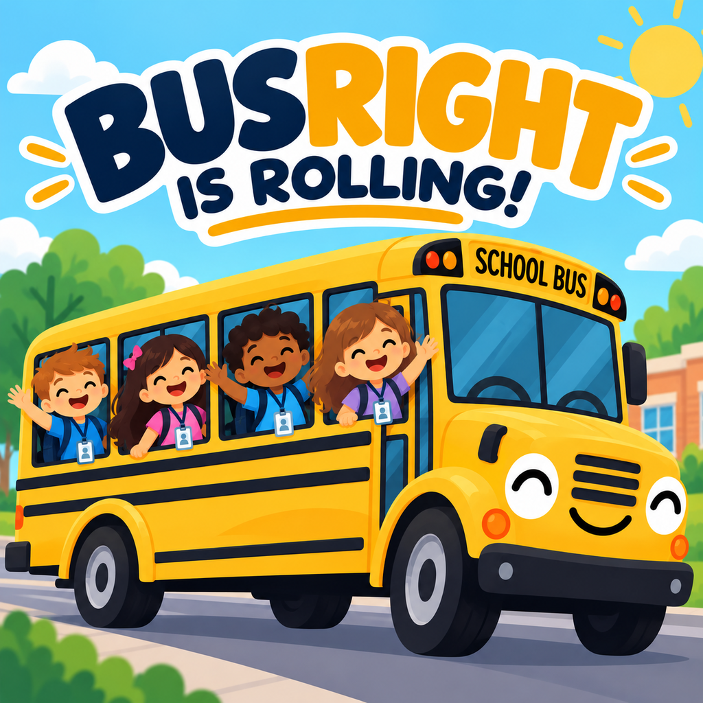 Colorful school transportation graphic with the words “BusRight is Rolling!” above a smiling yellow school bus. Four students are waving from the bus windows, and each student is wearing a lanyard with an ID card.
