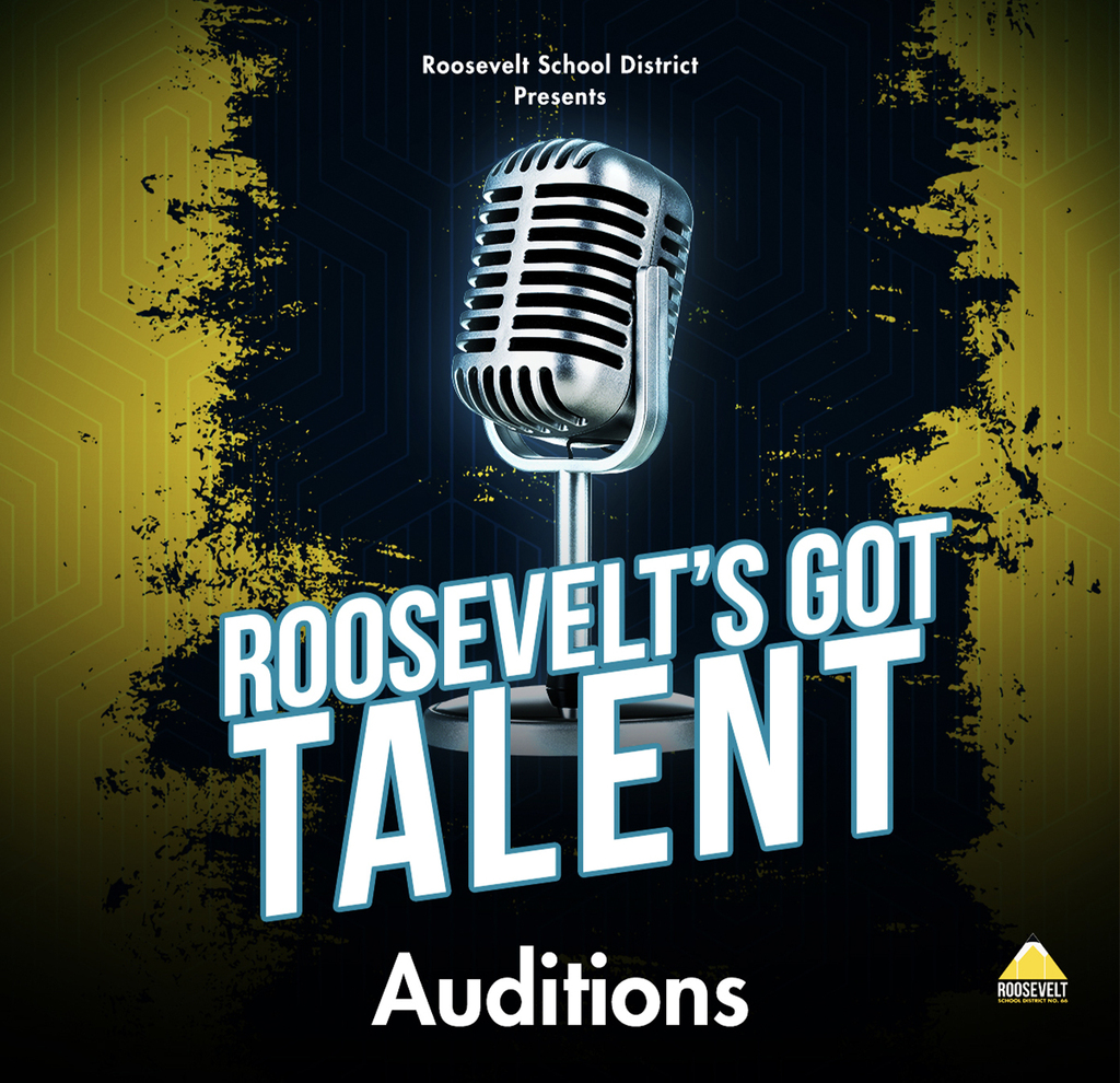 color background with microphone in middle. Text that says Roosevelt's got talent Auditions