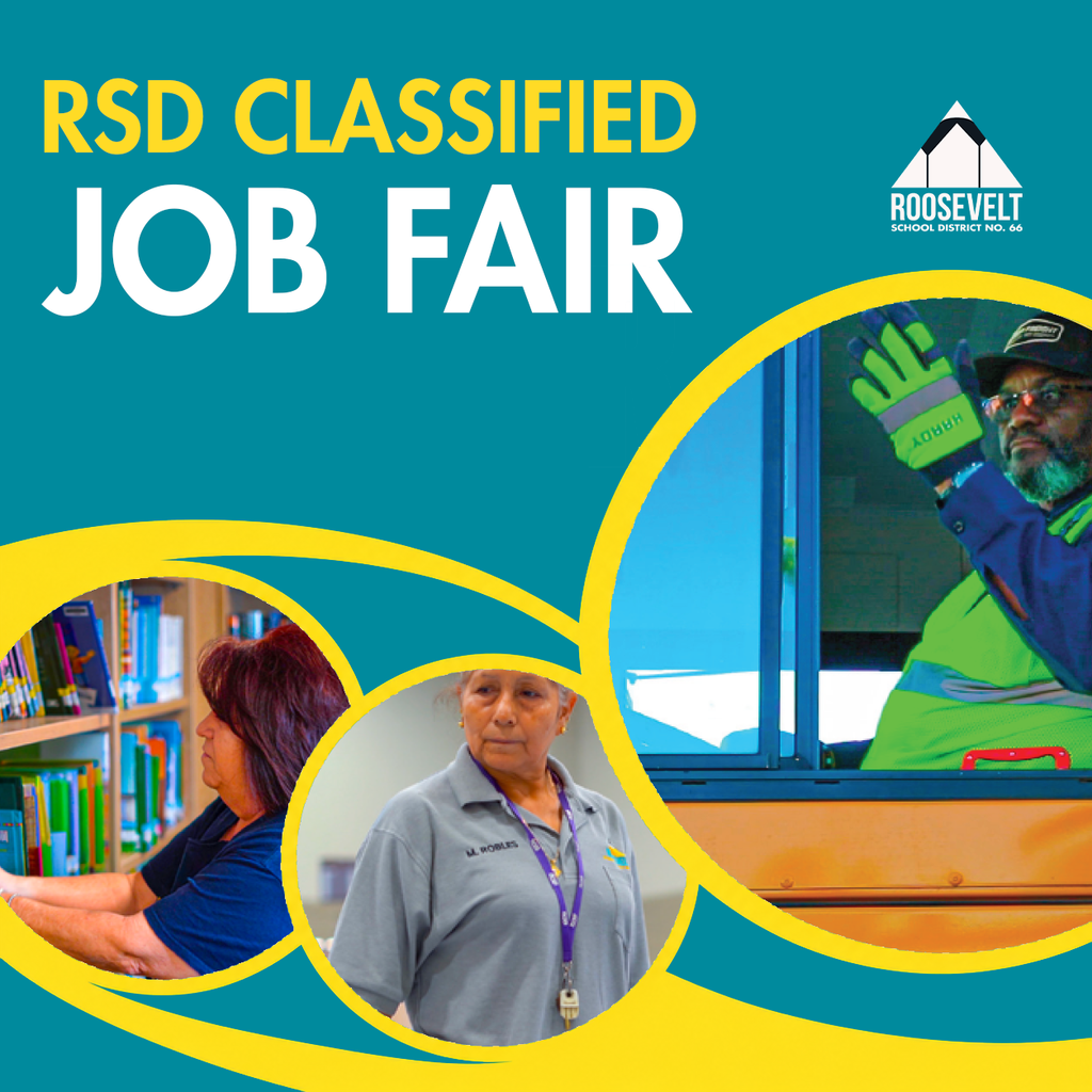 Text: "RSD Classified Job Fair". on a teal background with an images of a bus driver, custodian, and a librarian.