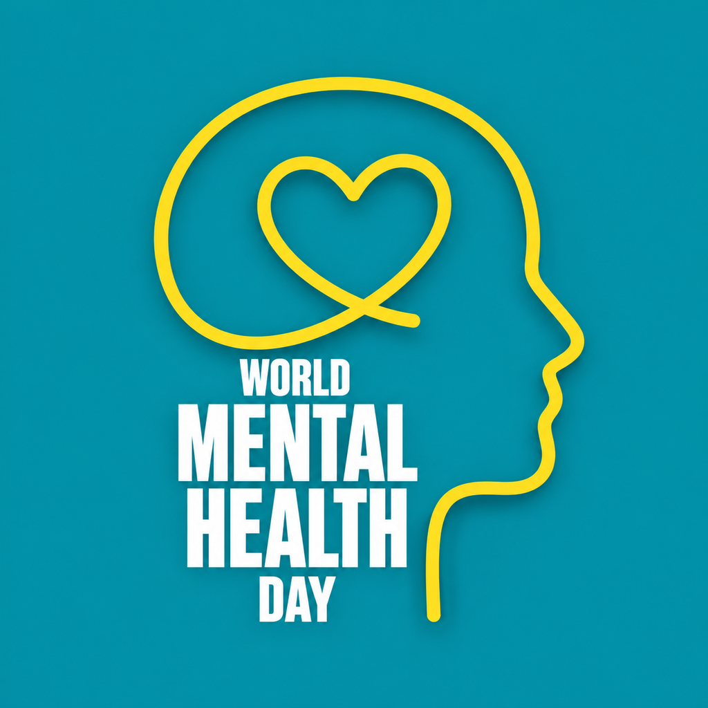 Graphic celebrating World Mental Health Day featuring a yellow outline of a human head with a heart-shaped design inside, symbolizing mental health and well-being. The background is teal blue (#008a9d), with bold white text reading “World Mental Health Day.”