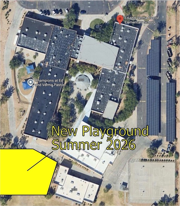 New Pastor playground site indicated by a yellow polygon on an overhead photo of the campus