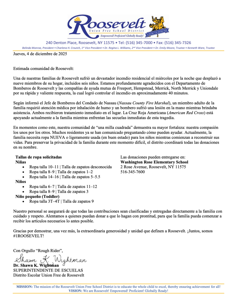 Letter to families from Superintendent (Spanish)