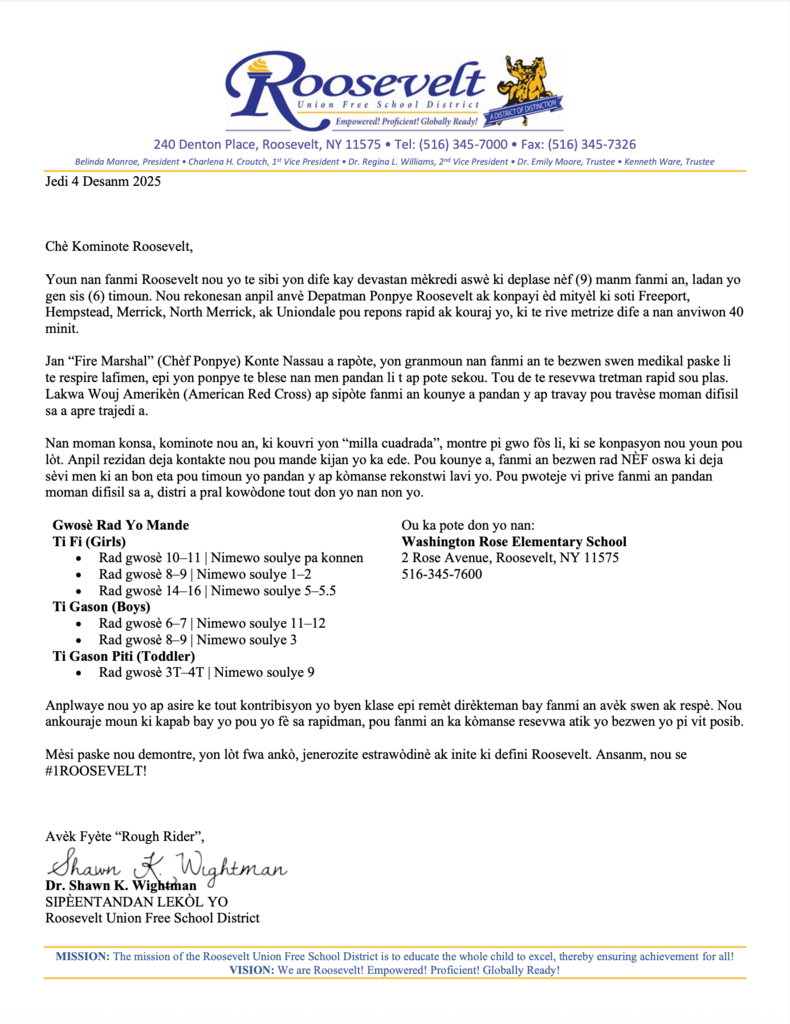 Letter to families from Superintendent (Haitian Creole)