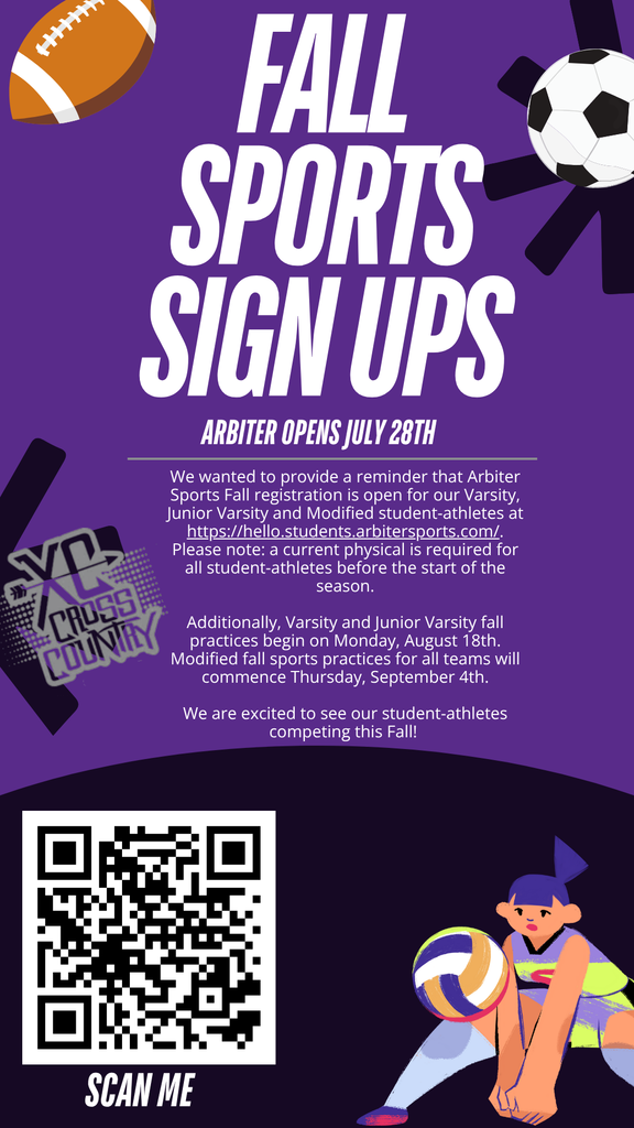 A graphic with fall sports on a purple and back ground and a QR code  and the info in the post