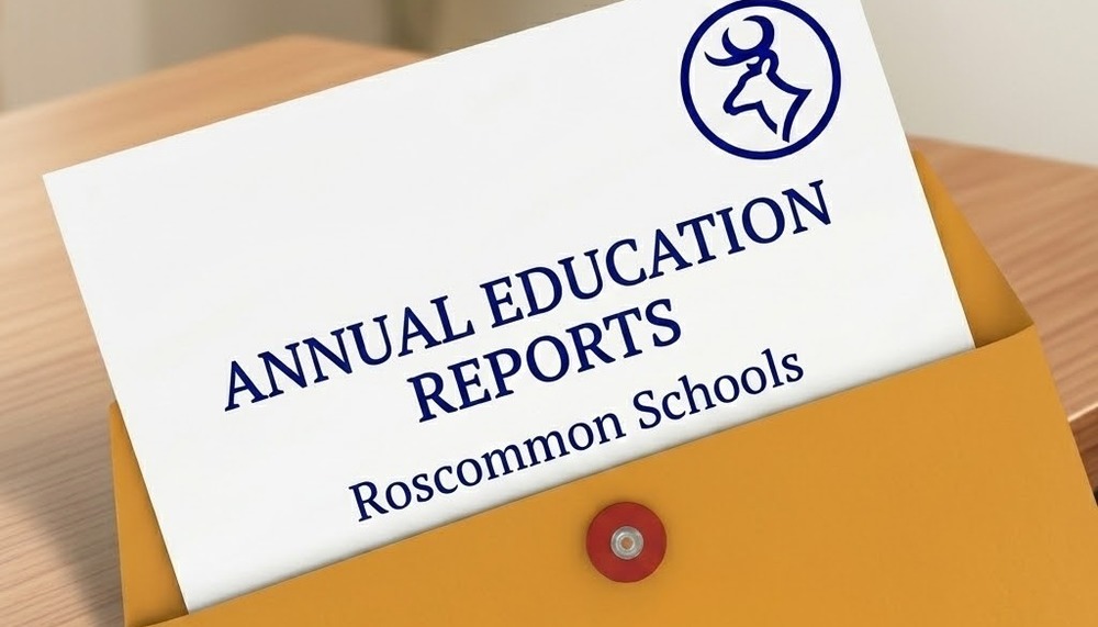 A professional announcement for the "Annual Education Reports" featuring a document with the Roscommon Schools deer logo peeking out of a classic tan string-tie envelope.