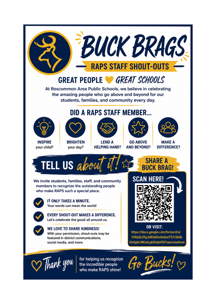 Image that states "Buck Grags" and has a QR code to take users to a form to fill out calling out staff members that do a great thing.