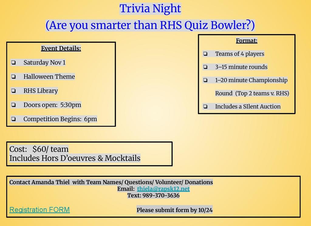Annual RHS Quiz Bowl Trivia Night Fundraiser Info -- Nov 1
