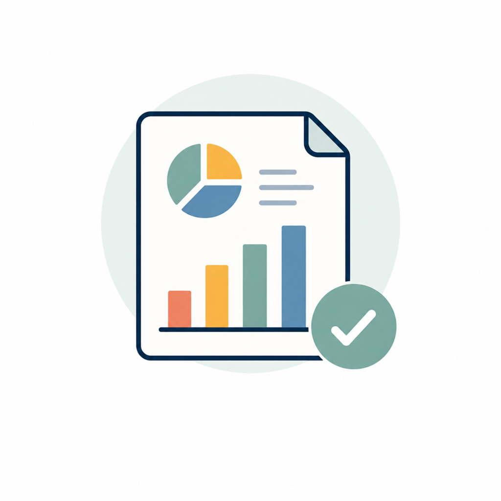 Survey results report icon with charts and a checkmark.