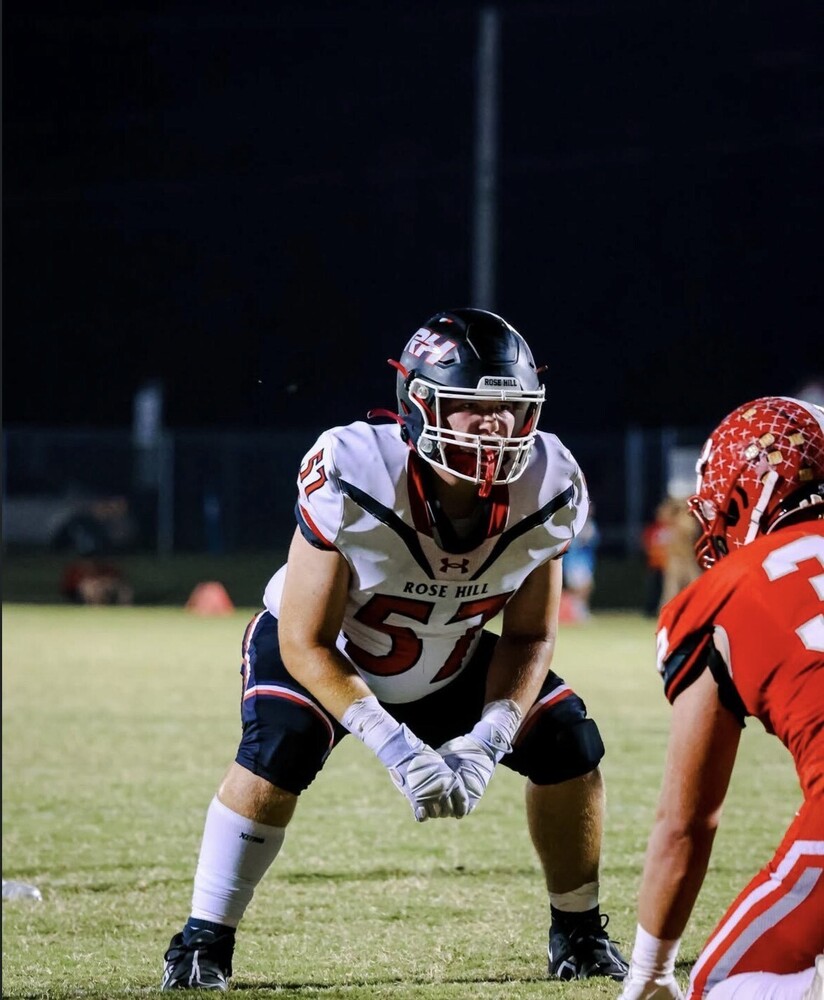 Rockets senior defensive end Luke Nottingham lines up against an El Dorado offensive lineman.