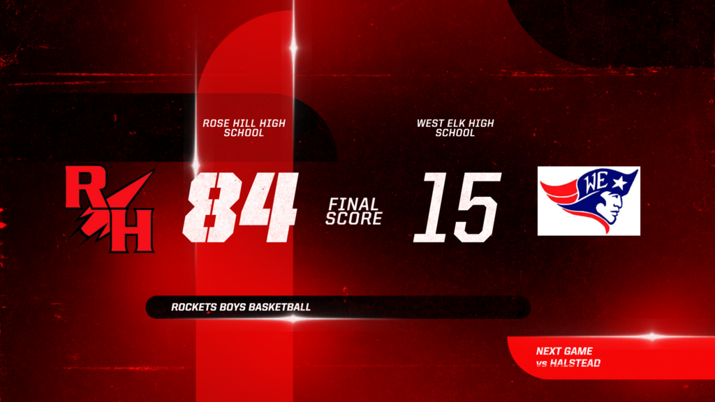 Final score poster against West Elk 84-15 Rocket win.