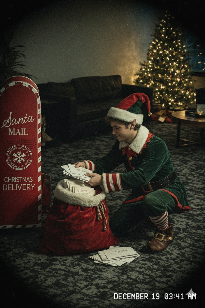 Santa's elf picking up the letters to Santa