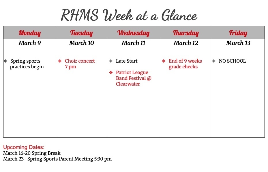 Week at a glance 3/9