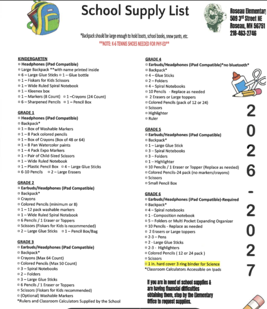 Updated School Supply List