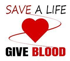 Save a Life, Give Blood" poster with a red heart and swirling line. The text is bold, emphasizing urgency and the importance of blood donation.