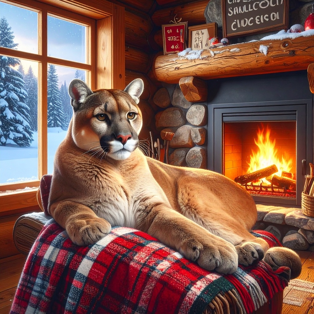A large cougar lies on a red plaid blanket-covered chair in a cozy log cabin. A fireplace glows warmly; snow-covered trees are visible through the window.