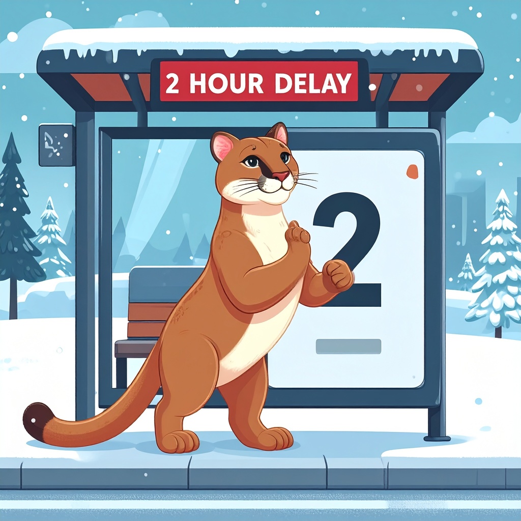 Cartoon cougar in a snowy scene stands at a bus stop with a "2 Hour Delay" sign. The mood is lighthearted, with snow falling gently.