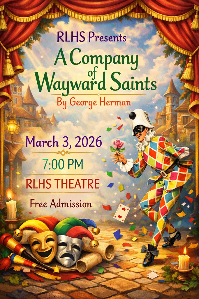 A colorful poster with a jester promoting the One Act Play performance of "A Company of Wayward Saints" by George Herman.
