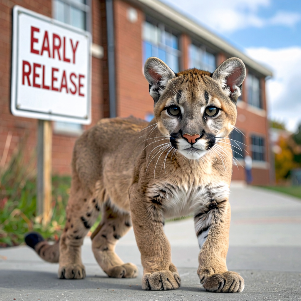 A young cougar stands on a school sidewalk beside an "Early Release" sign. The background features a brick building and a clear sky, creating a curious and playful mood.