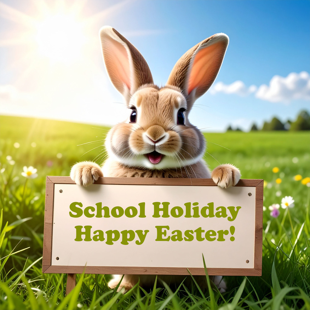A cheerful bunny holds a "School Holiday, Happy Easter!" sign in a sunny field. Bright sky, green grass, and flowers convey a joyful, festive atmosphere.