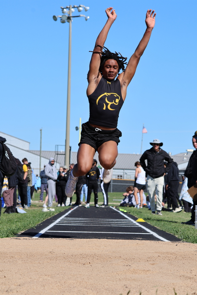 Athlete in mid-air during a long jump, wearing a black tank top with a yellow design. Sunny day, spectators in the background, focused and dynamic.