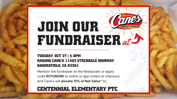 fundraiser at Raising Cane's on Tuesday Oct 27 4-8 pm