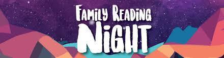 Family Reading Night on a purple background and colorful mountains