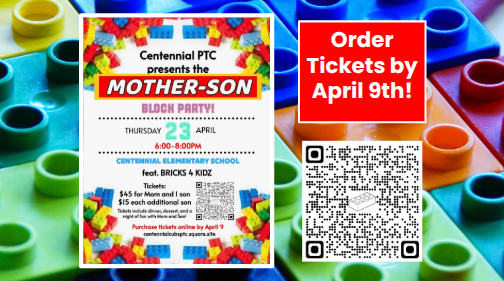 Mother son Lego night April 23 scan qr code to order tickets by April 9th