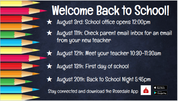 August 3rd: School office opens 12:00pm August 11th: Check parent email inbox for an email from your new teacher August 12th: Meet your teacher 10:30-11:30am August 13th: First day of school August 20th: Back to School Night 5:45pm
