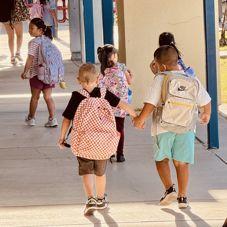 a little boy holding hands with another little boy walking to class