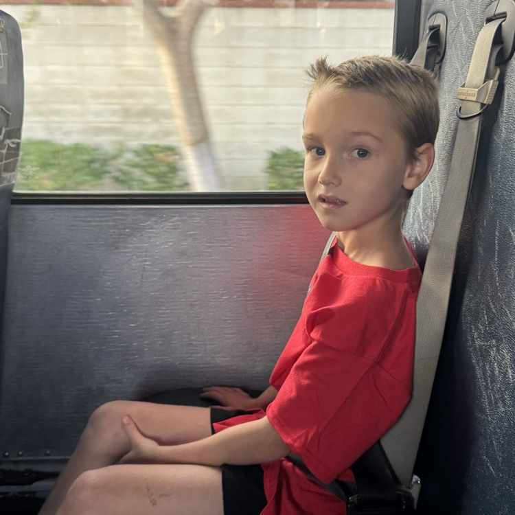 little boy sitting on school bus