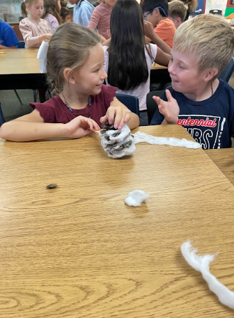 students with pinecones