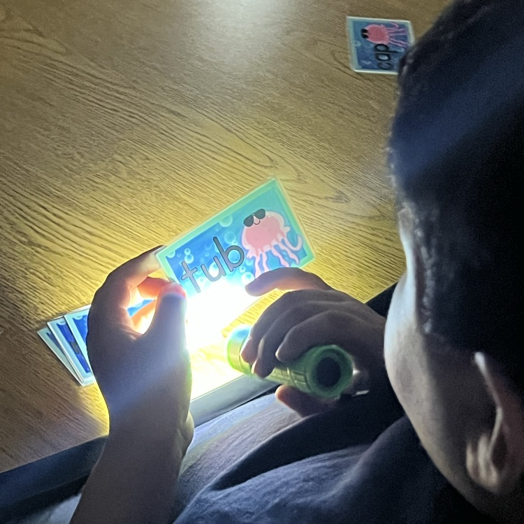 boy reading a flash card with a flashlight 