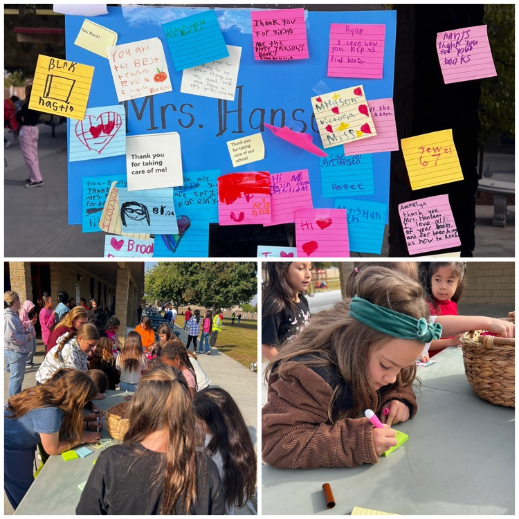 sign with sticky notes and kids writing notes