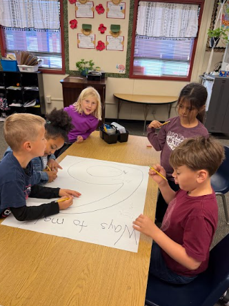 students working on a poster at a table