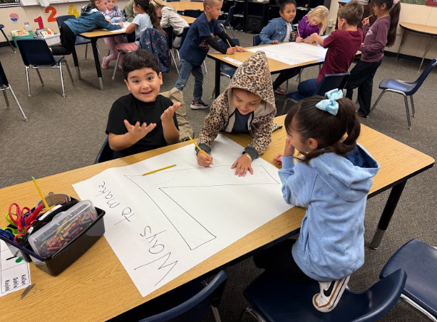 students working on a poster at a table