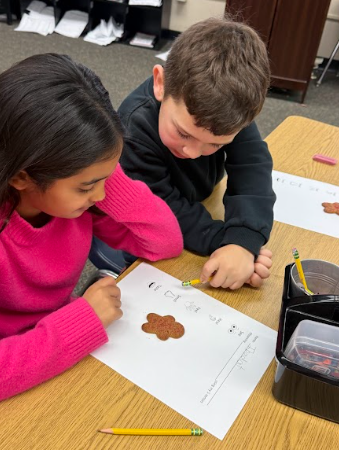 students observing gingerbread cookie floating in a liquid