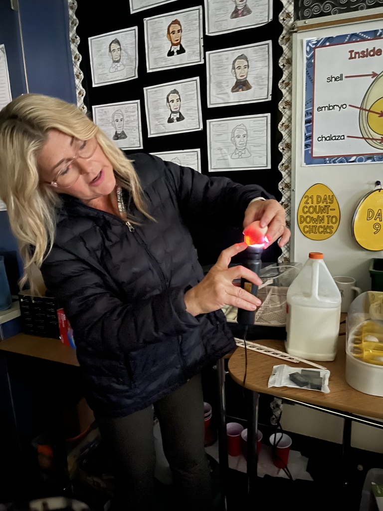 teacher with flashlight and egg