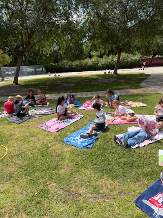 students reading books laying on beach towels