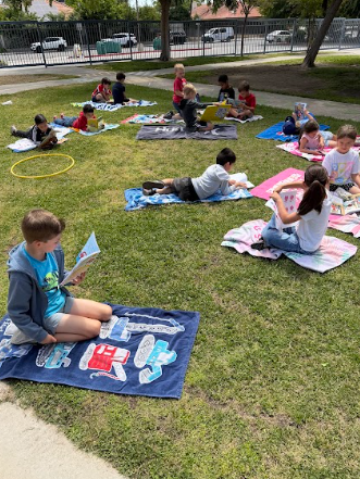 students reading books laying on beach towels