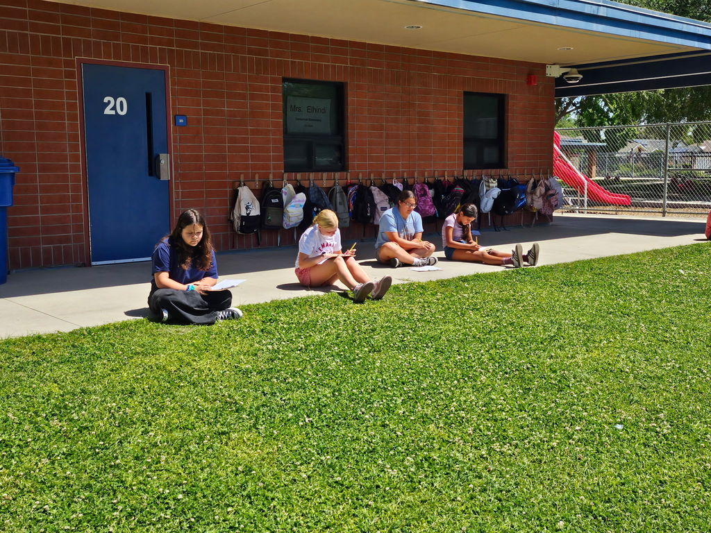 students writing in journal sitting on the grass