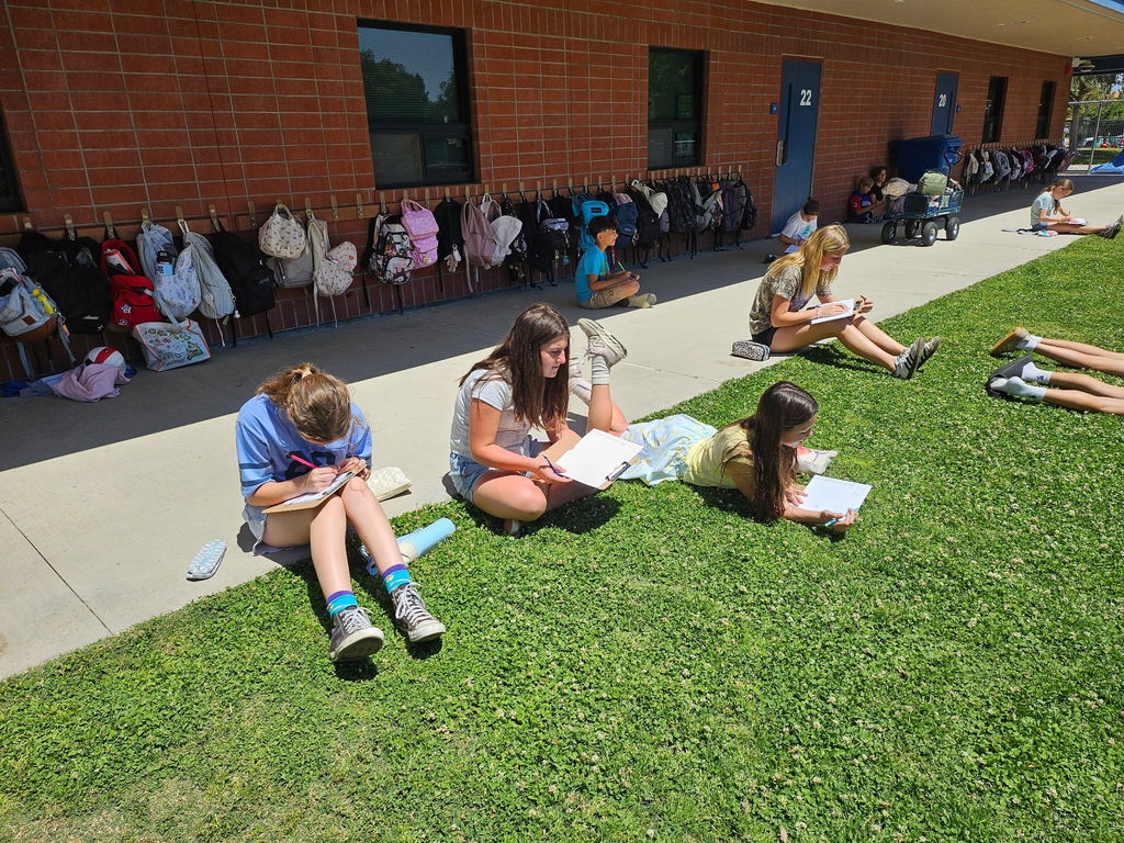 students writing in journal sitting on the grass