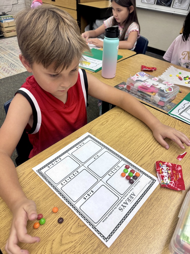 student at desk working with skittles and math arrays