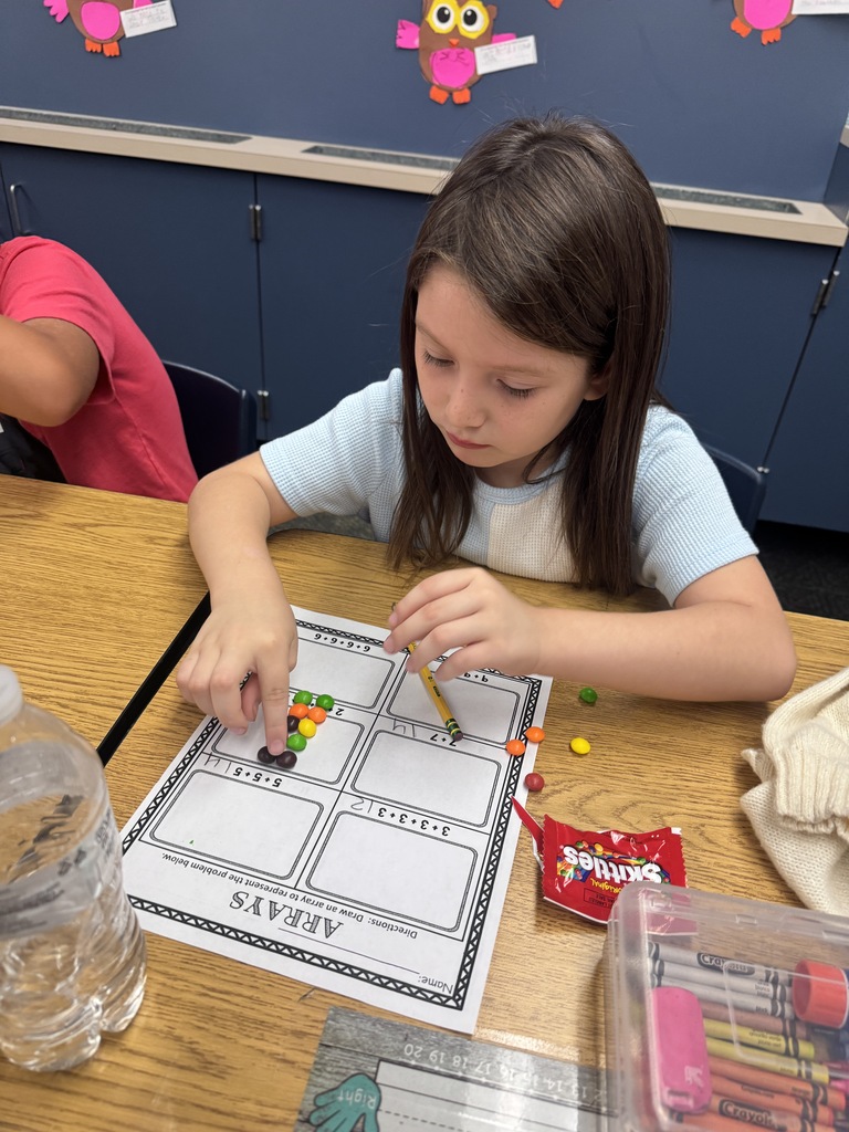 student at desk working with skittles and math arrays
