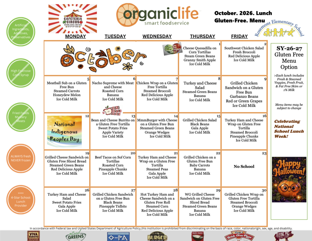 October GF Lunch Menu